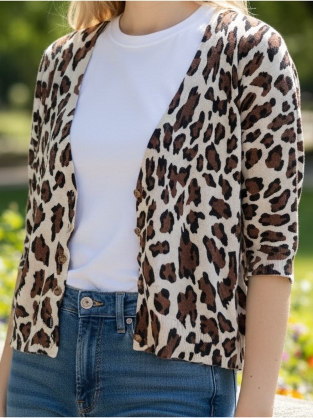 Leopard Print V-Neck Button Front Women's Top - Cream and Brown